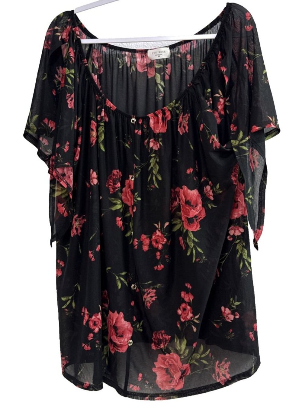 Ivy Rose Black Red Floral Rose Print Sheer Flutter Sleeve Top Blouse Plus Sz 3X